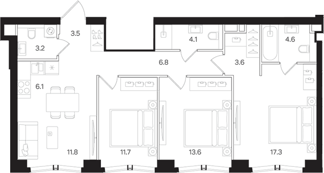 Планировка евро-4 (4Е) 86.3 м² в ЖК «АУРА», корпус Б