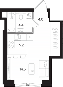 Планировка Студии 28.1 м² в ЖК «АУРА», корпус Б