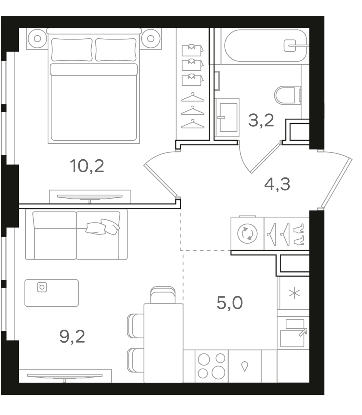 Планировка евродвушка (2Е) 31.9 м² в ЖК «НАЗАРЕ», корпус 2