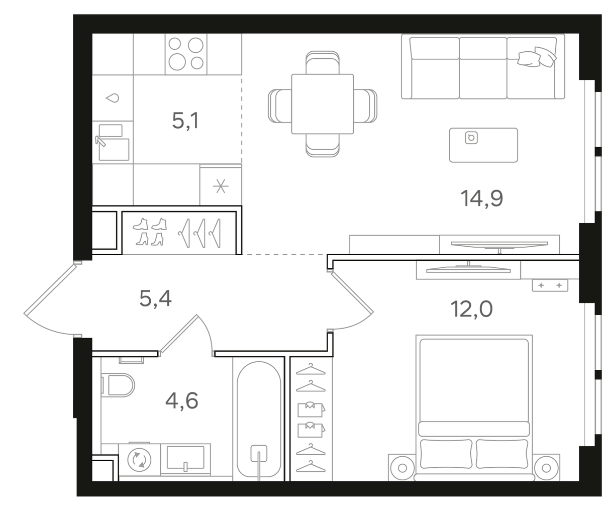 Планировка евродвушка (2Е) 42 м² в ЖК «НАЗАРЕ», корпус 2