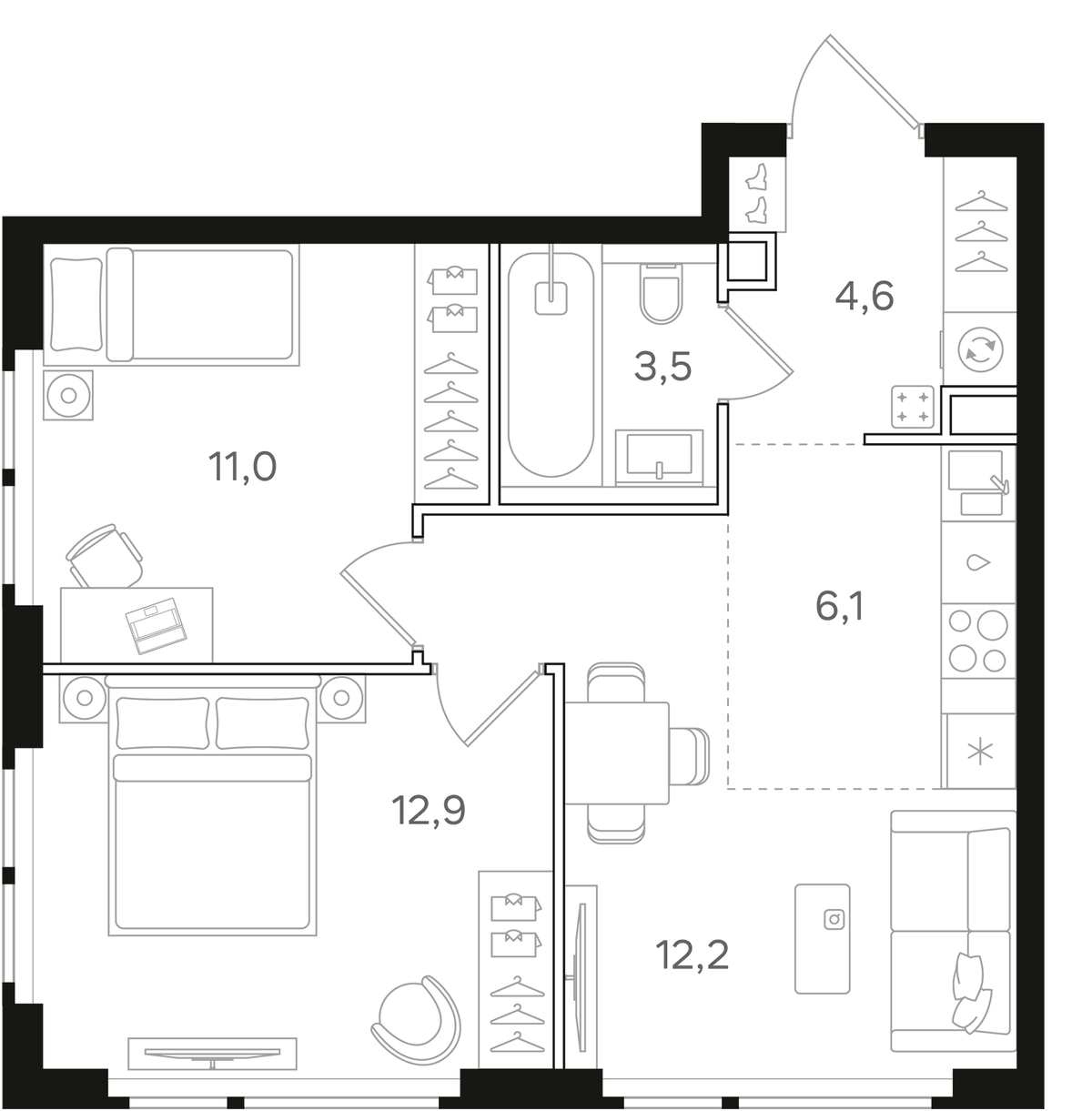 Планировка евротрёшка (3Е) 50.3 м² в ЖК «НАЗАРЕ», корпус 2