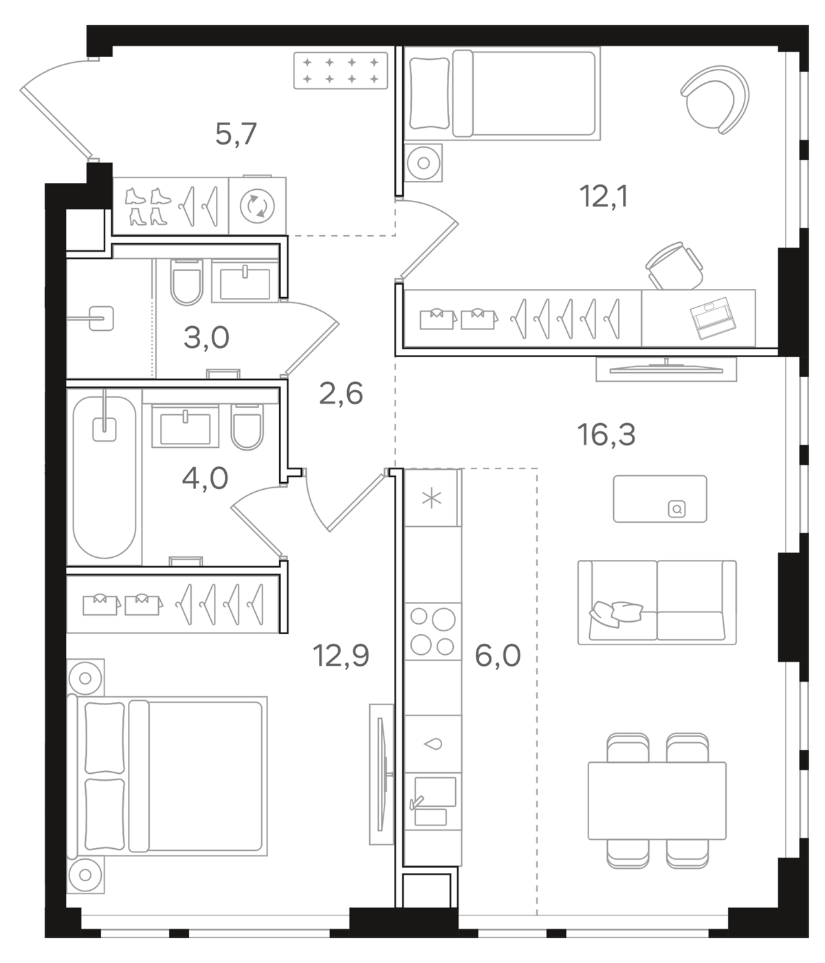 Планировка евротрёшка (3Е) 62.6 м² в ЖК «НАЗАРЕ», корпус 4