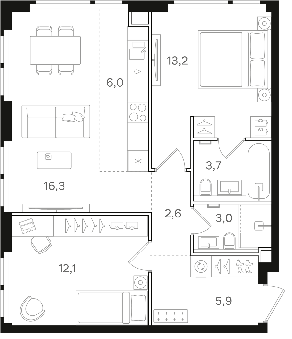 Планировка евротрёшка (3Е) 62.8 м² в ЖК «НАЗАРЕ», корпус 2