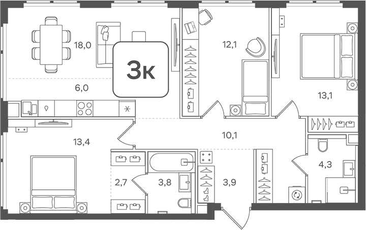 Планировка евро-4 (4Е) 87.4 м² в ЖК «НАЗАРЕ», корпус 6