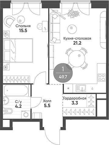 Планировка евродвушка (2Е) 49.7 м² в ЖК «Мариин Парк», корпус 1