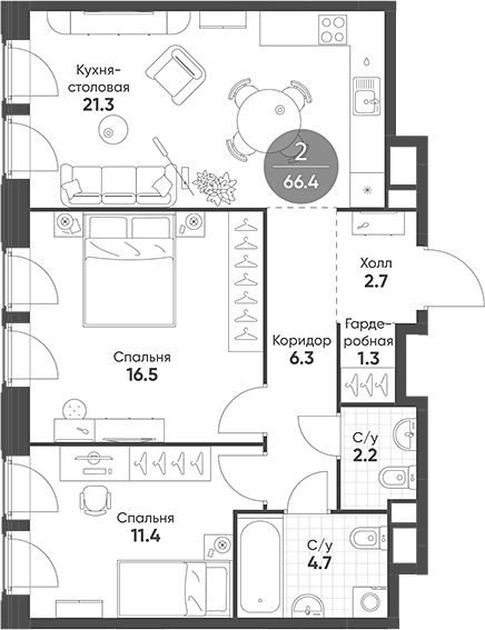 Планировка евротрёшка (3Е) 66.4 м² в ЖК «Мариин Парк», корпус 2