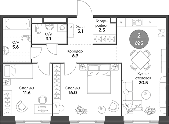 Планировка евротрёшка (3Е) 69.3 м² в ЖК «Мариин Парк», корпус 1