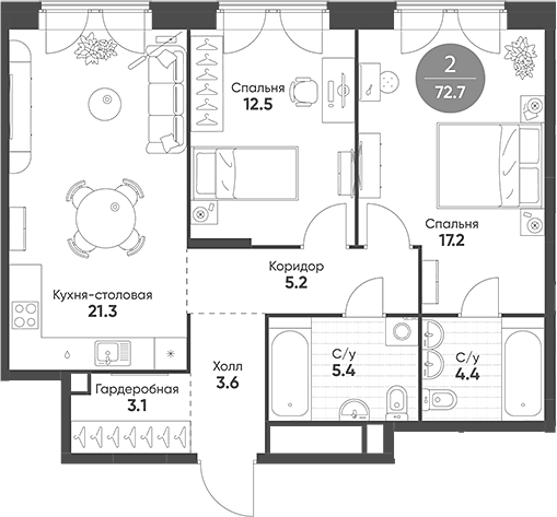 Планировка евротрёшка (3Е) 72.7 м² в ЖК «Мариин Парк», корпус 1