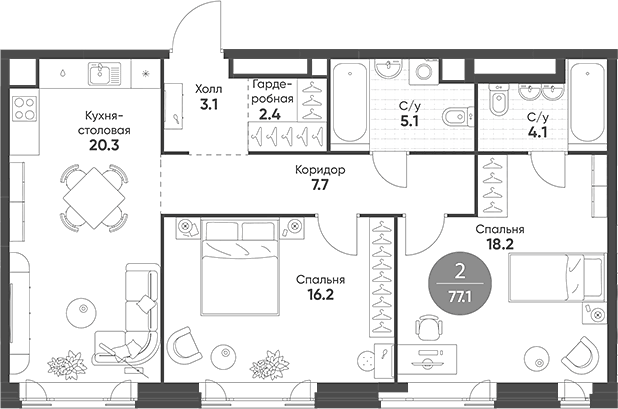 Планировка евротрёшка (3Е) 77.1 м² в ЖК «Мариин Парк», корпус 1