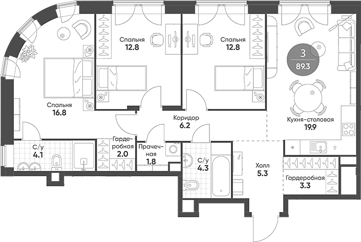 Планировка евро-4 (4Е) 89.3 м² в ЖК «Мариин Парк», корпус 1