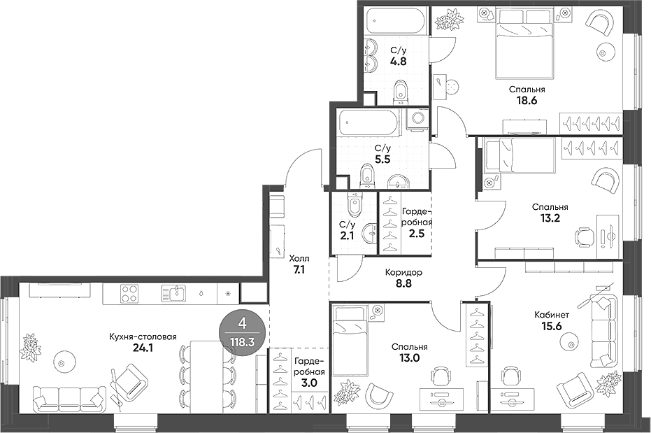 Планировка 5Е-к.кв 118.3 м² в ЖК «Мариин Парк», корпус 2