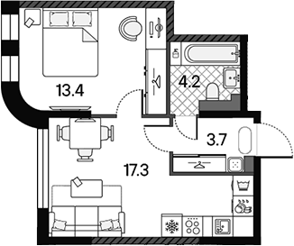 Планировка евродвушка (2Е) 38.6 м² в ЖК «МАРК», корпус 3