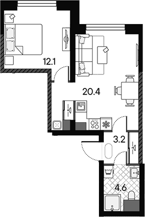 Планировка евродвушка (2Е) 40.3 м² в ЖК «МАРК», корпус 1