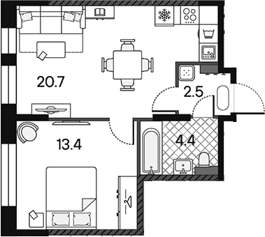 Планировка евродвушка (2Е) 41 м² в ЖК «МАРК», корпус 2