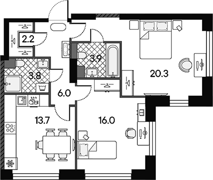 Планировка двухкомнатная 65.9 м² в ЖК «МАРК», корпус 1