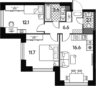 Планировка евротрёшка (3Е) 52.7 м² в ЖК «МАРК», корпус 1