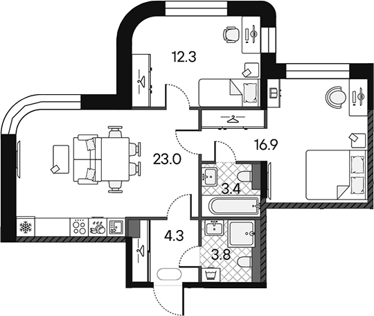 Планировка евротрёшка (3Е) 63.7 м² в ЖК «МАРК», корпус 2