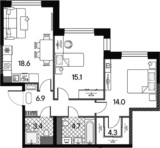 Планировка евротрёшка (3Е) 67 м² в ЖК «МАРК», корпус 1