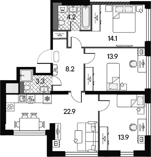 Планировка евро-4 (4Е) 80.5 м² в ЖК «МАРК», корпус 1