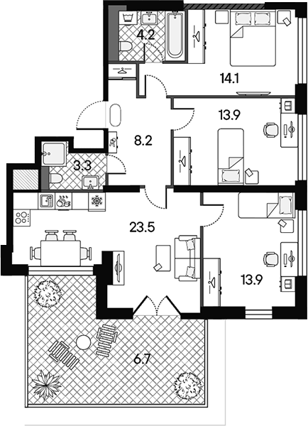 Планировка евро-4 (4Е) 87.8 м² в ЖК «МАРК», корпус 1