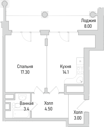 Планировка однокомнатная 45.6 м² в ЖК «Маршал», корпус 3