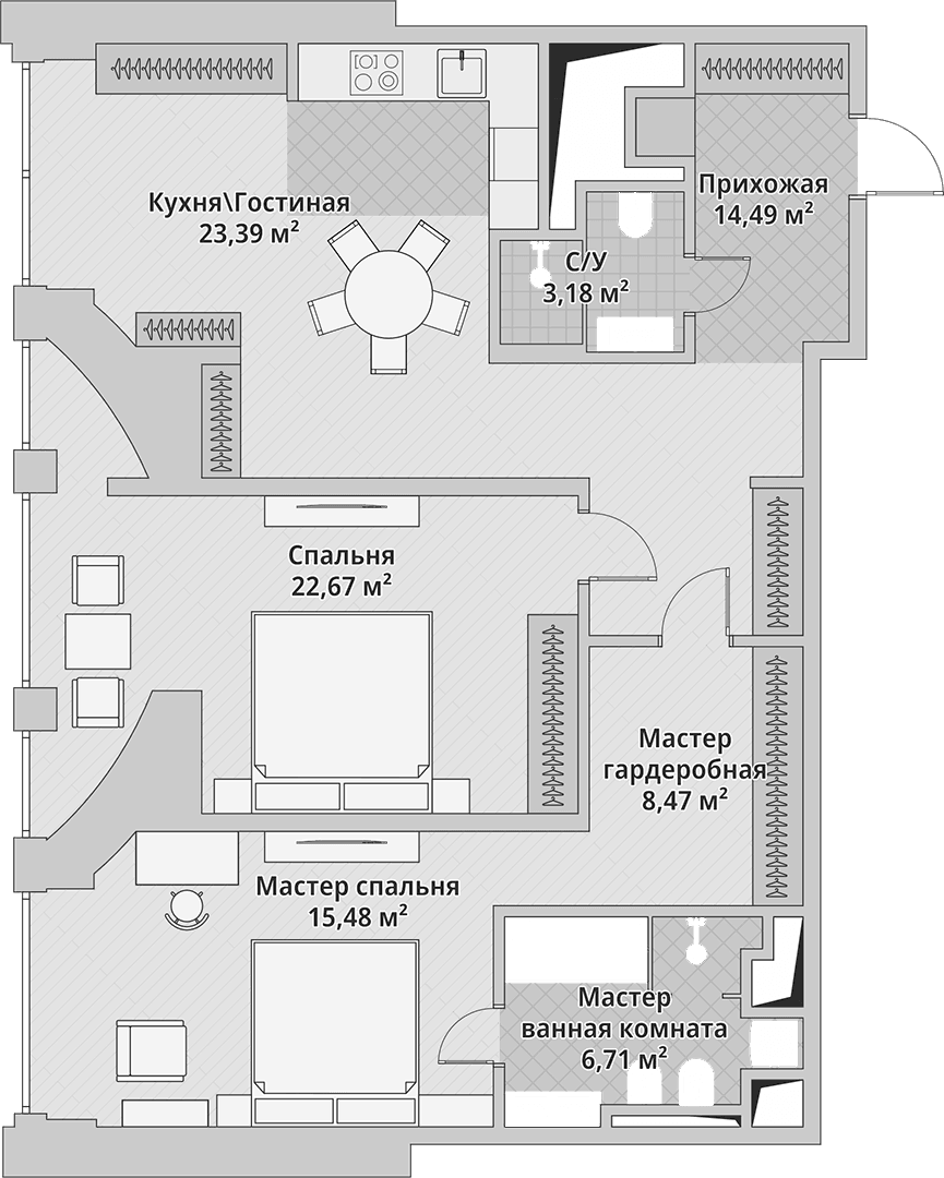 Планировка евротрёшка (3Е) 95.1 м² в ЖК «Маршал», корпус 3