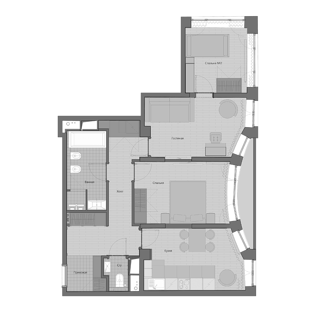 Планировка трёхкомнатная 72.8 м² в ЖК «Маршал», корпус 4