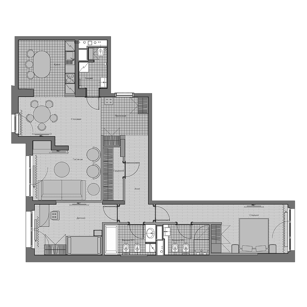 Планировка трёхкомнатная 94 м² в ЖК «Маршал», корпус 4