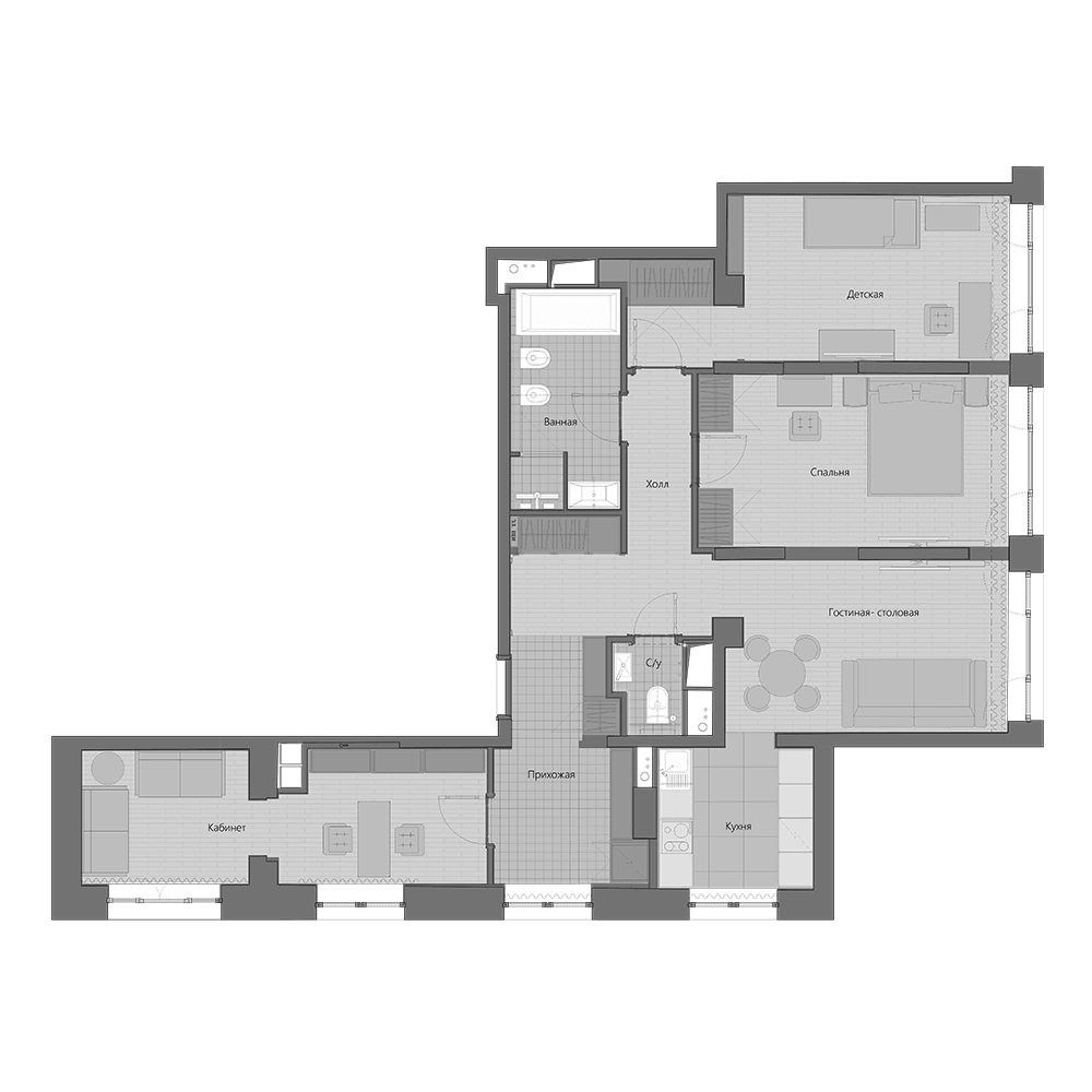 Планировка четырёхкомнатная 97.6 м² в ЖК «Маршал», корпус 4