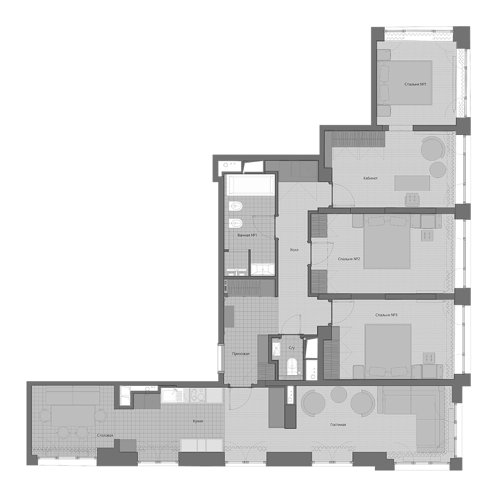 Планировка пятикомнатная 114.9 м² в ЖК «Маршал», корпус 4