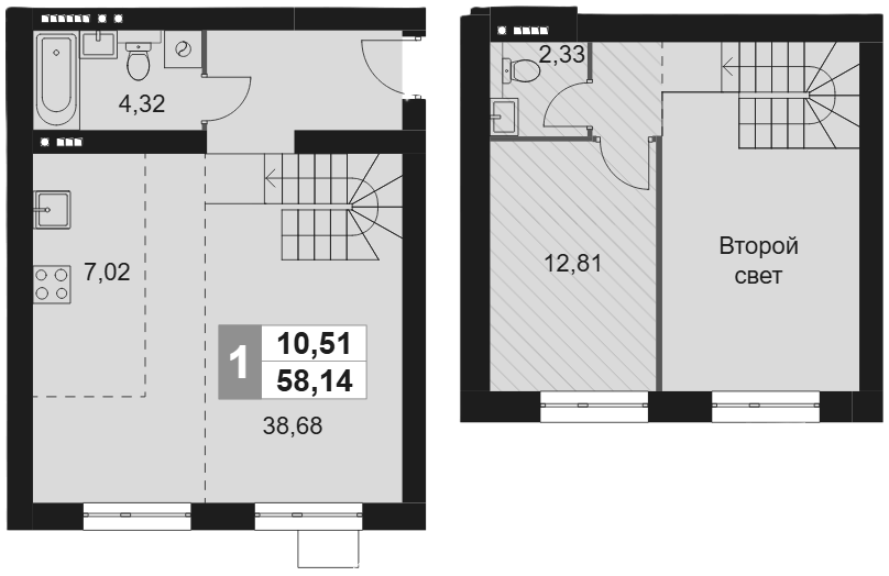 Планировка однокомнатная 58.14 м² в ЖК «Мартемьяново Клаб», корпус 1