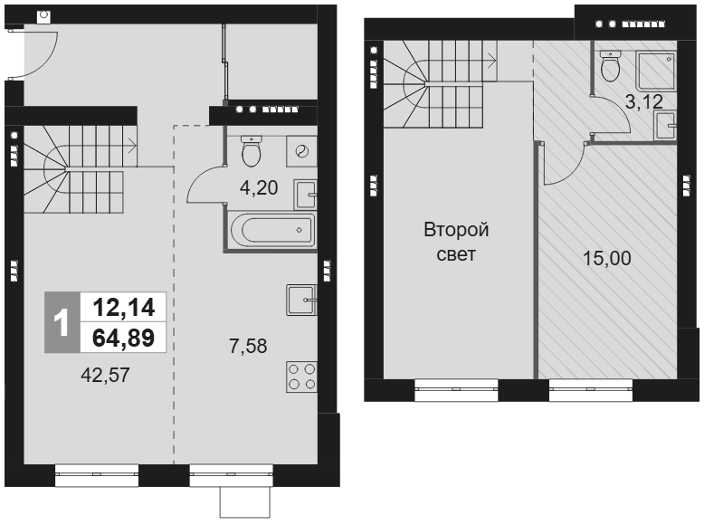 Планировка однокомнатная 64.89 м² в ЖК «Мартемьяново Клаб», корпус 1