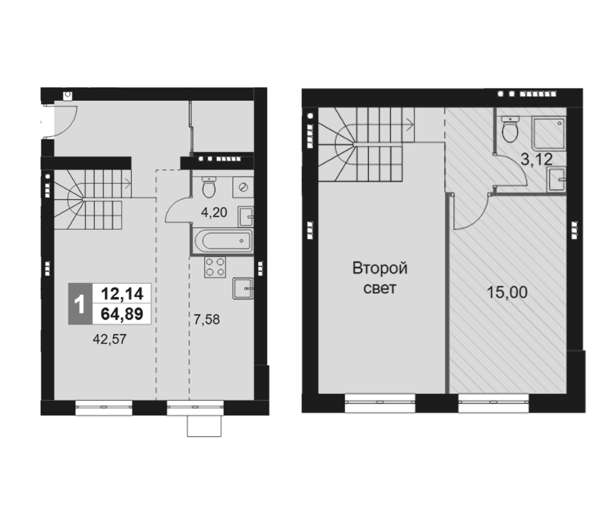 Планировка евродвушка (2Е) 64.89 м² в ЖК «Мартемьяново Клаб», корпус 2