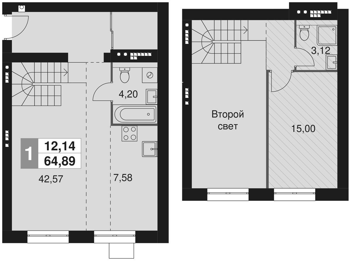 Планировка евродвушка (2Е) 64.89 м² в ЖК «Мартемьяново Клаб», корпус 2