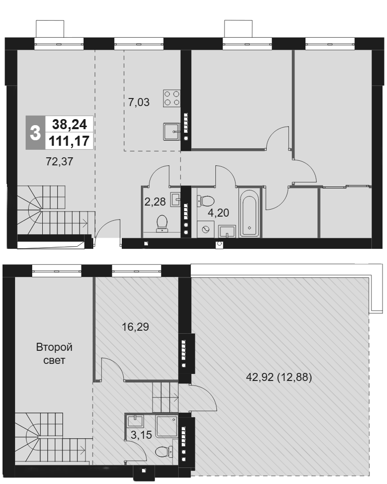 Планировка трёхкомнатная 111.17 м² в ЖК «Мартемьяново Клаб», корпус 1