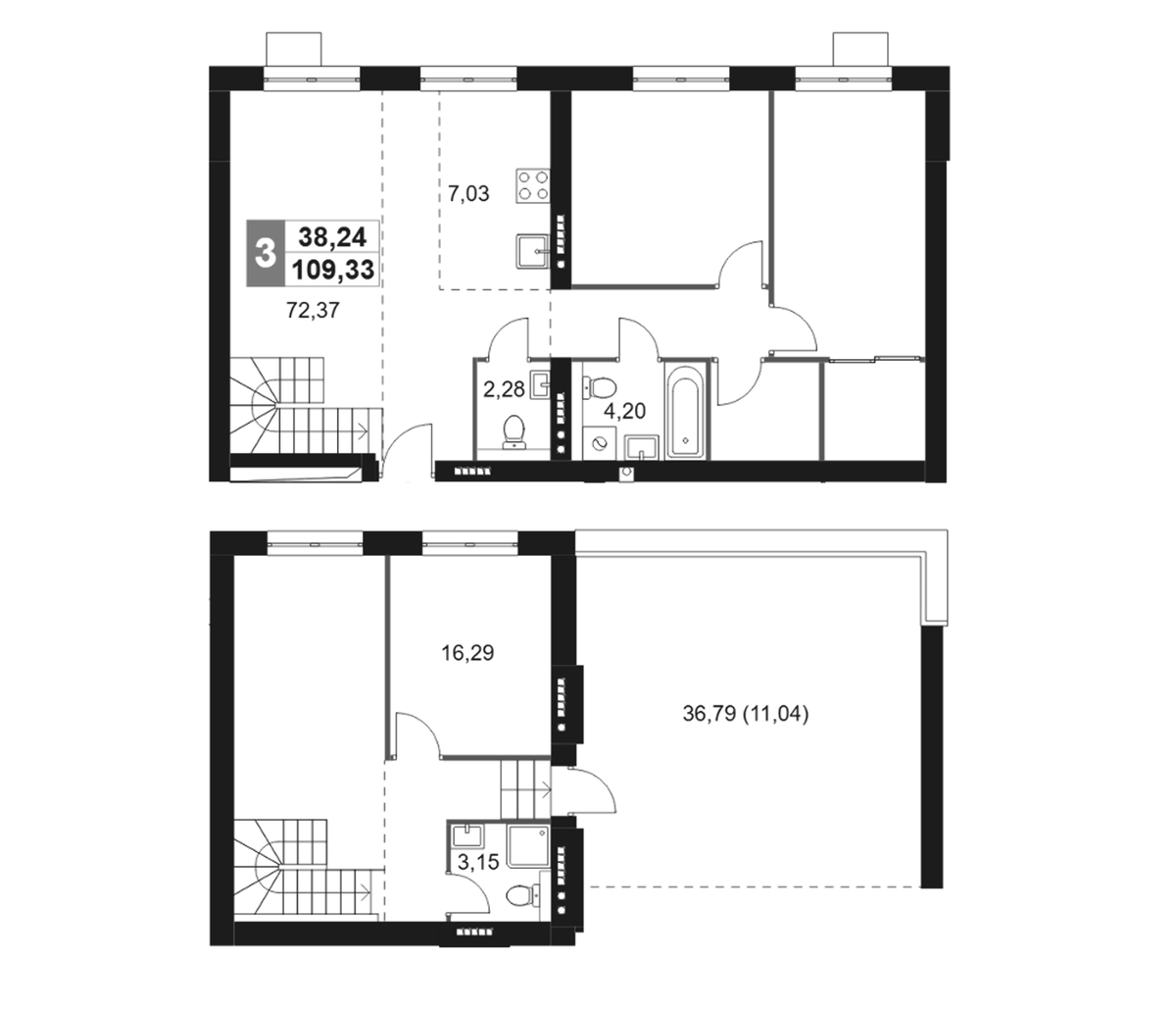Планировка евро-4 (4Е) 109.33 м² в ЖК «Мартемьяново Клаб», корпус 2
