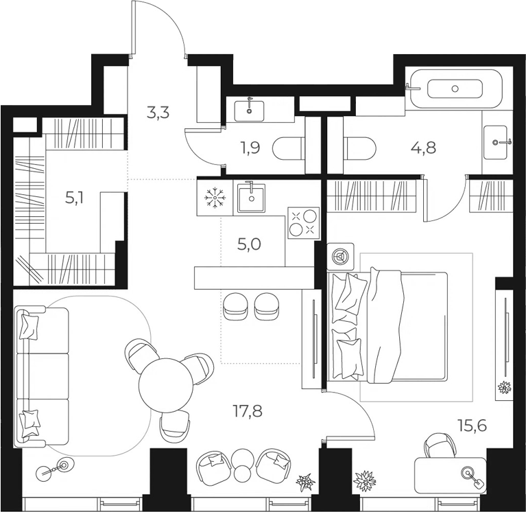 Планировка евродвушка (2Е) 53.5 м² в ЖК «МАСТЕРС», корпус 1