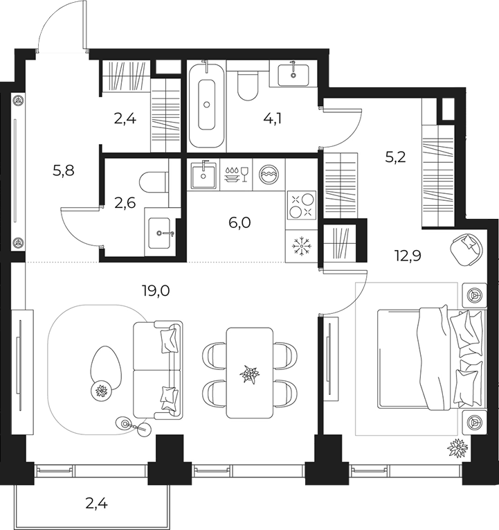 Планировка евродвушка (2Е) 58.7 м² в ЖК «МАСТЕРС», корпус 1