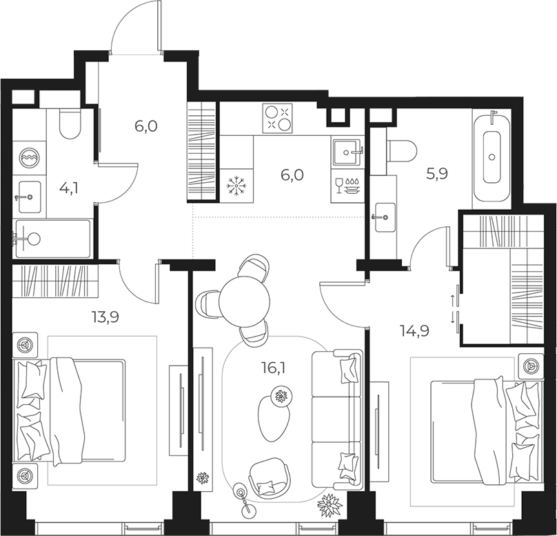 Планировка евротрёшка (3Е) 66.9 м² в ЖК «МАСТЕРС», корпус 1