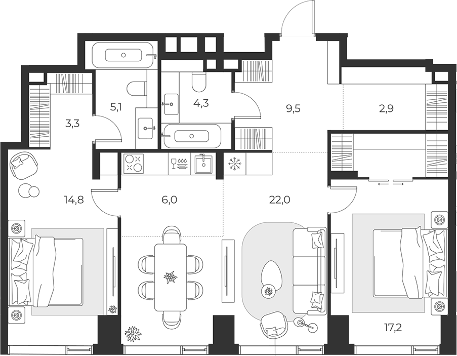 Планировка евротрёшка (3Е) 78.8 м² в ЖК «МАСТЕРС», корпус 1