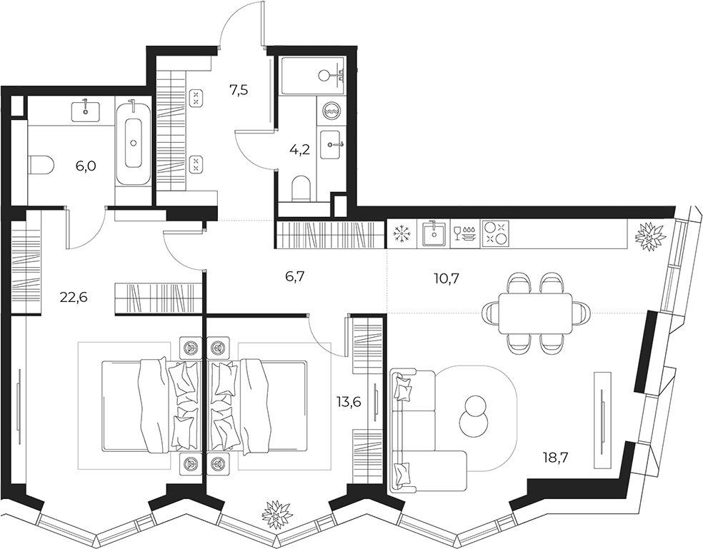 Планировка евротрёшка (3Е) 90 м² в ЖК «МАСТЕРС», корпус 1