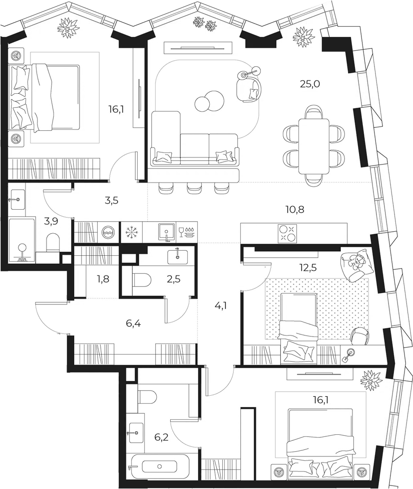 Планировка евро-4 (4Е) 108.9 м² в ЖК «МАСТЕРС», корпус 1