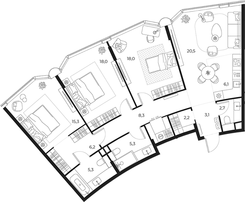 Планировка евро-4 (4Е) 114.2 м² в ЖК «МАСТЕРС», корпус 1