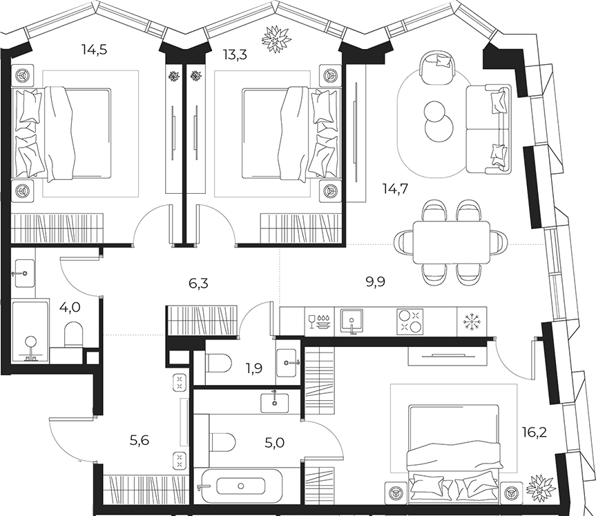 Планировка евро-4 (4Е) 91.4 м² в ЖК «МАСТЕРС», корпус 1