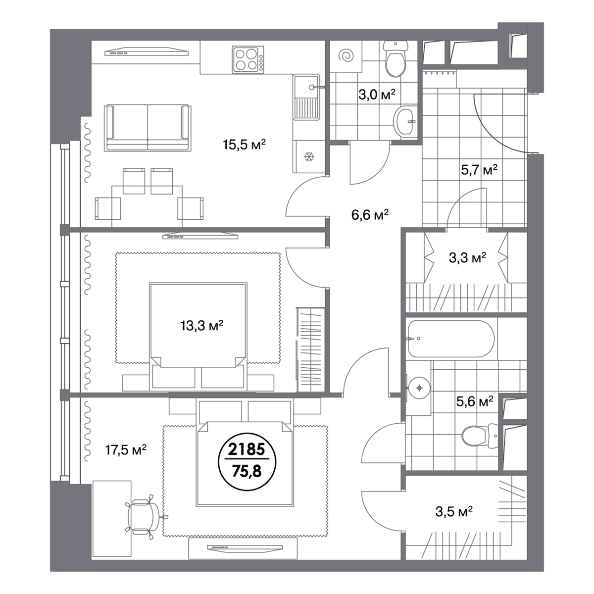 Планировка двухкомнатная 75.8 м² в ЖК «Матч Поинт», корпус 1