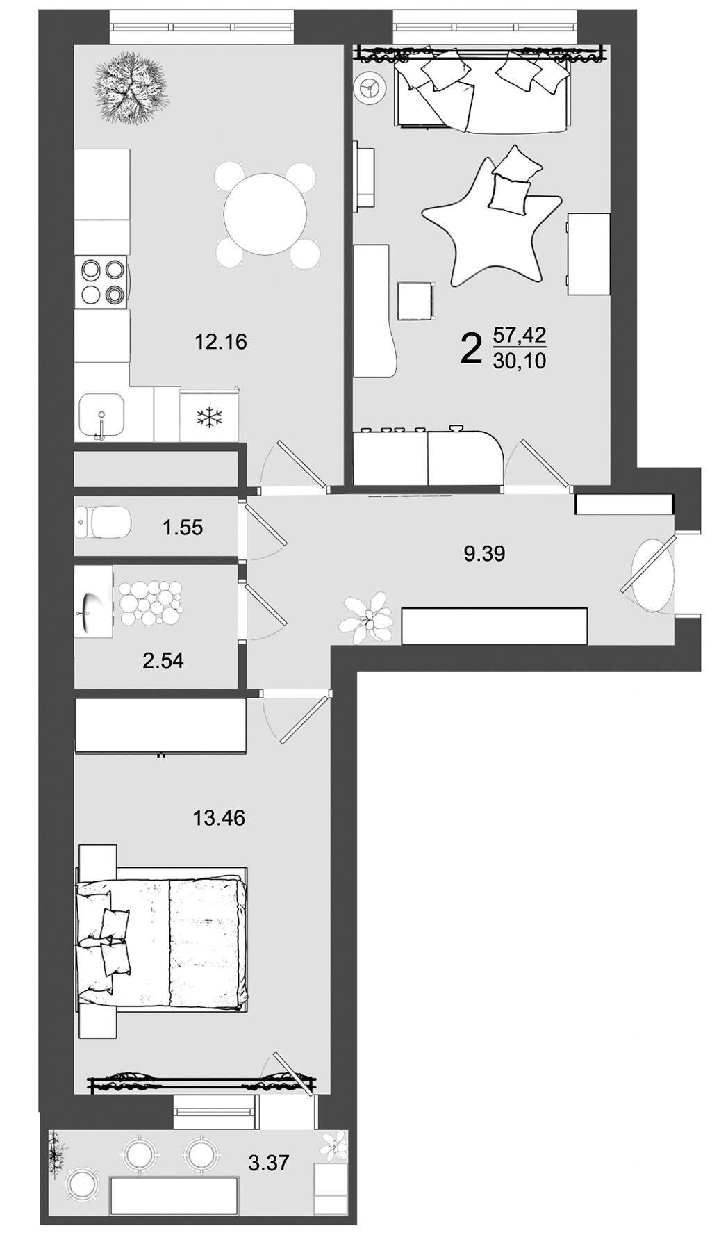 Планировка двухкомнатная 57.42 м² в ЖК «Майданово Парк», корпус 30