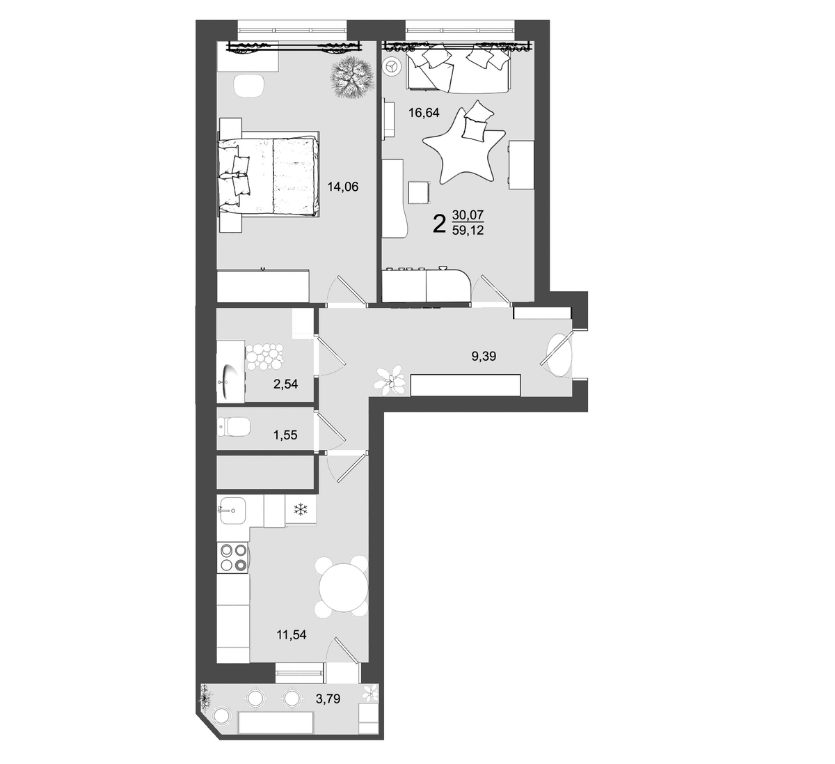 Планировка двухкомнатная 59.12 м² в ЖК «Майданово Парк», корпус 32