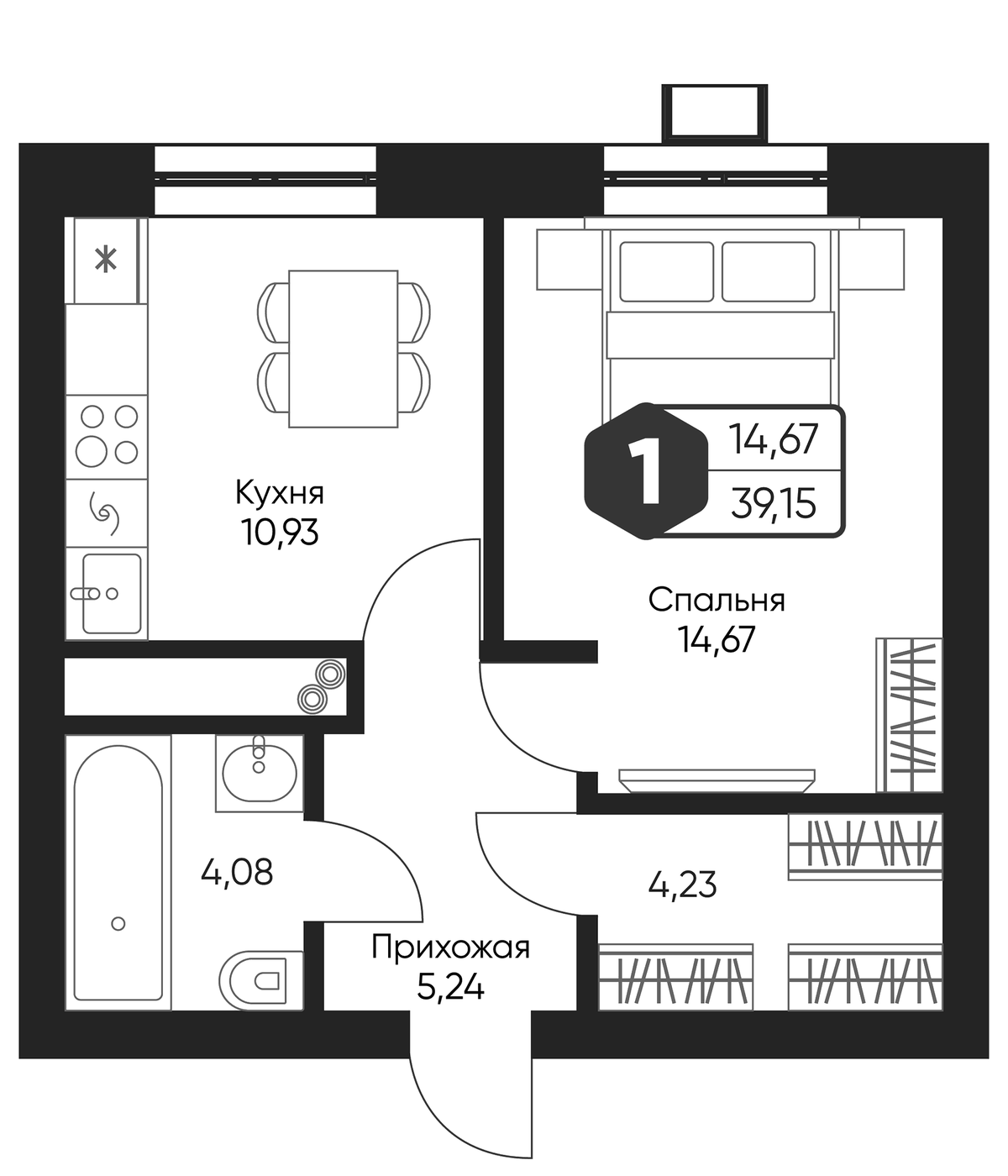 Планировка однокомнатная 39.15 м² в ЖК «Мечта квартал Дружба», корпус 1