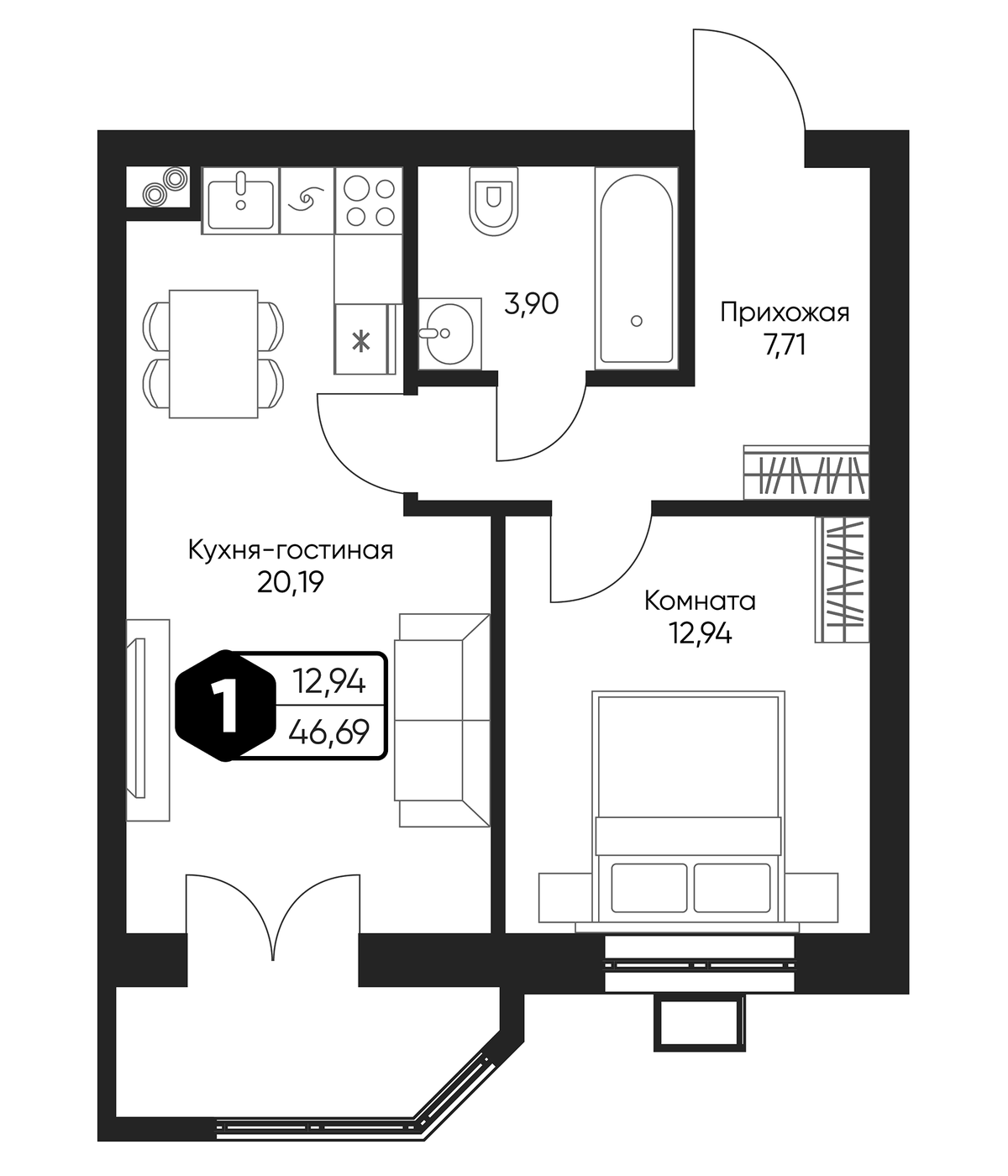 Планировка евродвушка (2Е) 46.69 м² в ЖК «Мечта квартал Дружба», корпус 1
