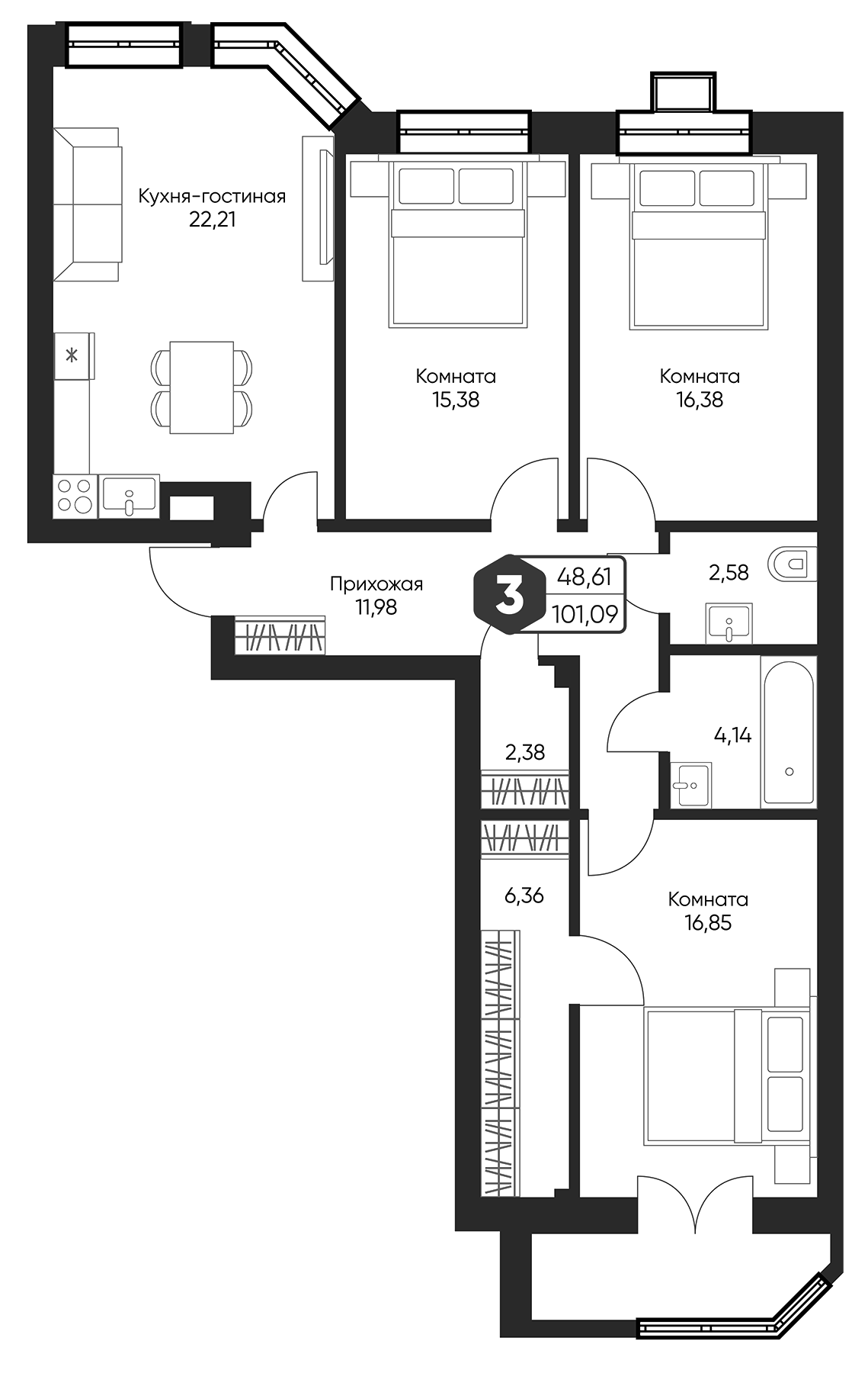 Планировка евро-4 (4Е) 101.09 м² в ЖК «Мечта квартал Дружба», корпус 3